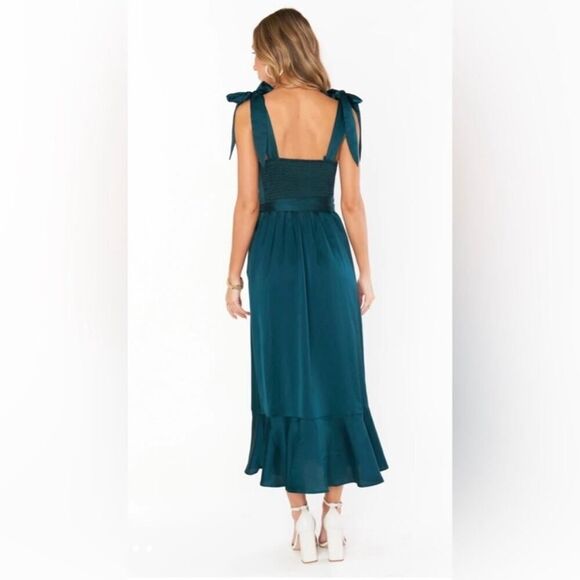 New Show Me Your Mumu Deep Emerald Luxe Satin Claire Midi Dress Large - Picture 6 of 10